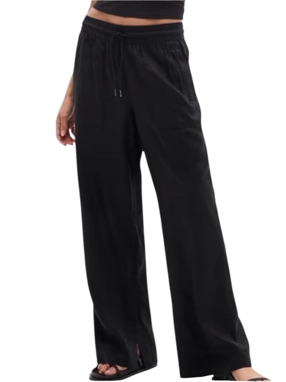 Athleta Retreat Linen Pants Size XL Black Wide  Leg Split Hem Vacation Resort